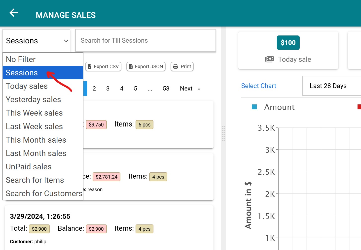 Sales Management sessions filter