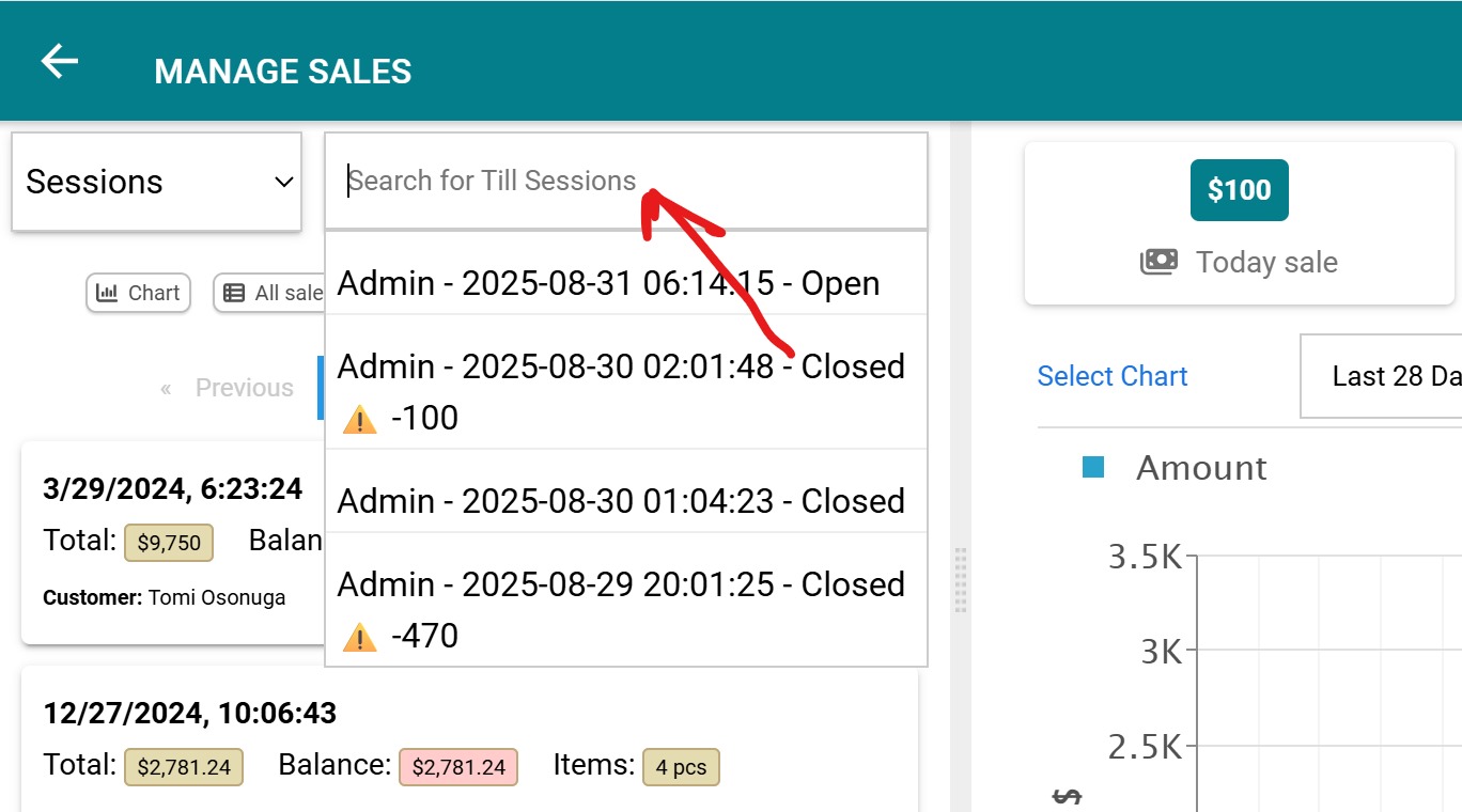Search for till sessions list with discrepancy warnings