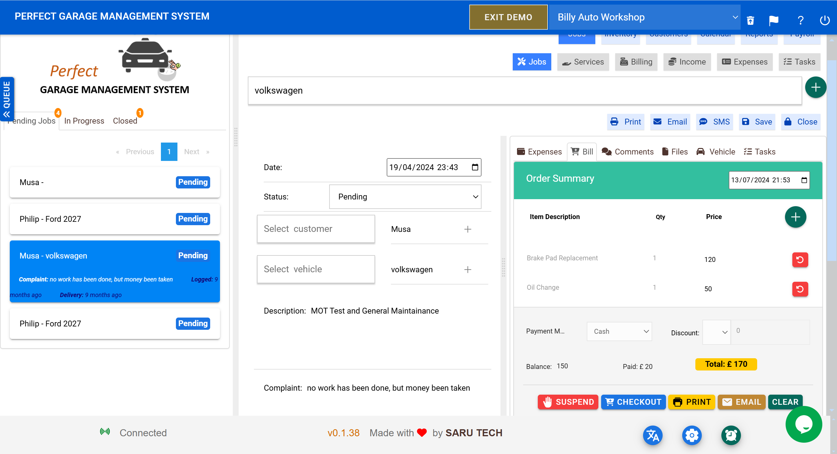 Perfect Garage Management System software interface